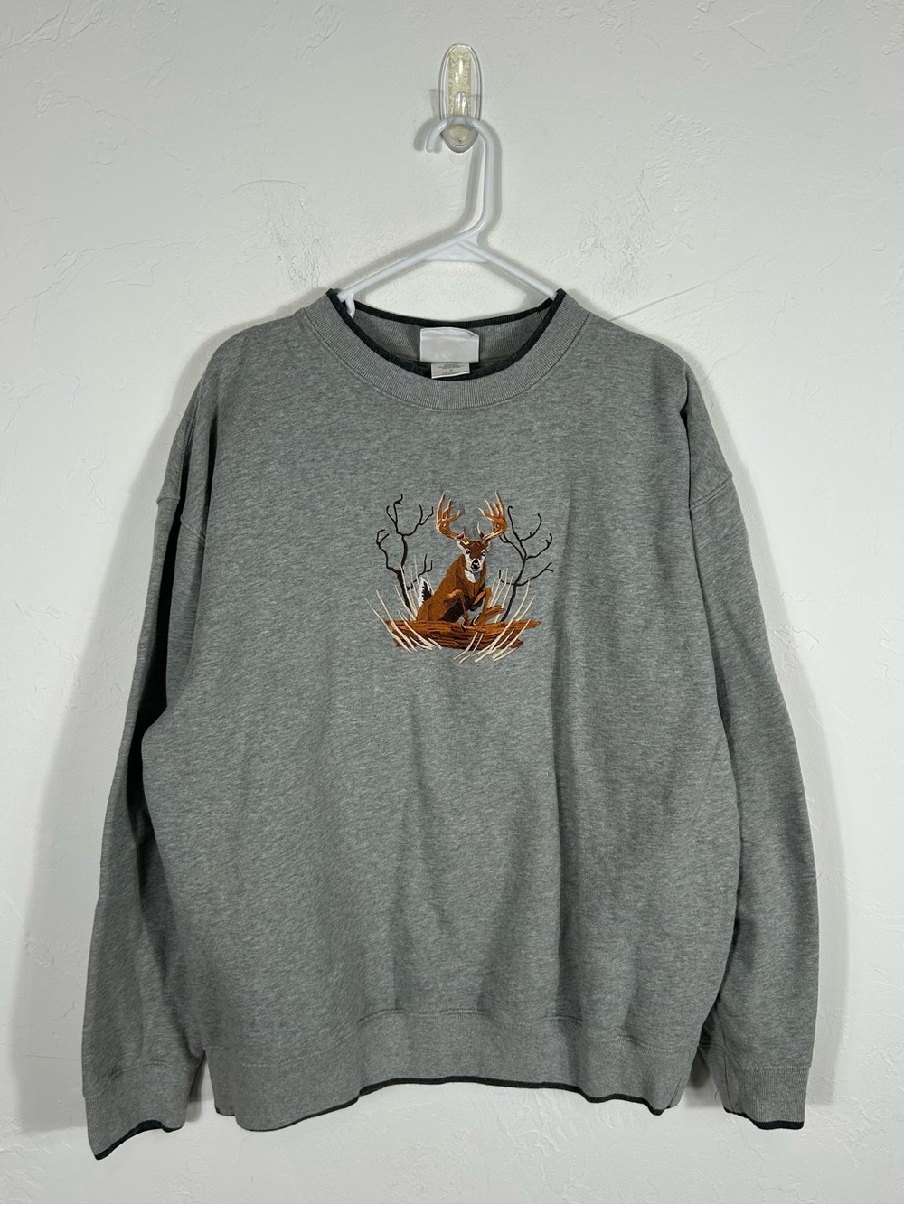🦌Vintage 90s Wild Deer Buck Nature Embroidered Crewneck Sweatshirt Grey XL - EUC